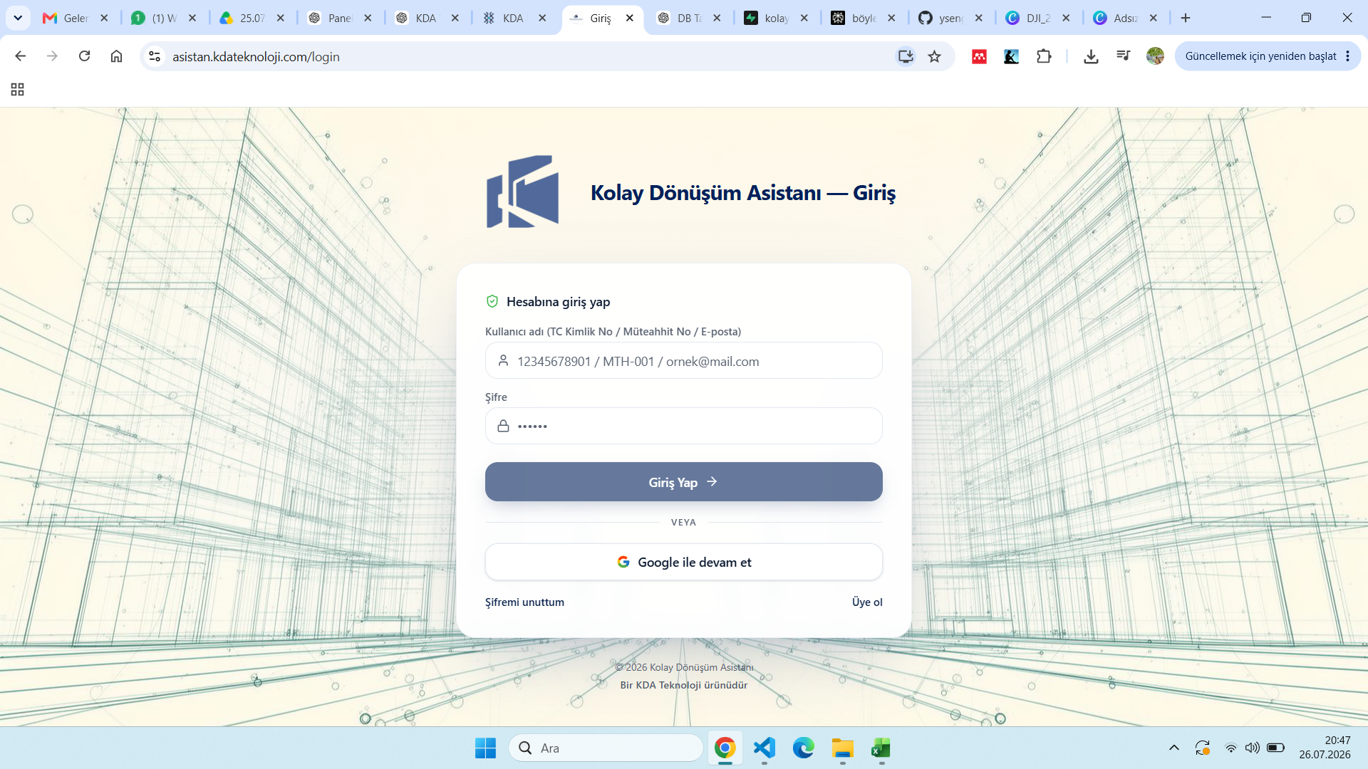 Kolay Dönüşüm Asistanı giriş ekranı